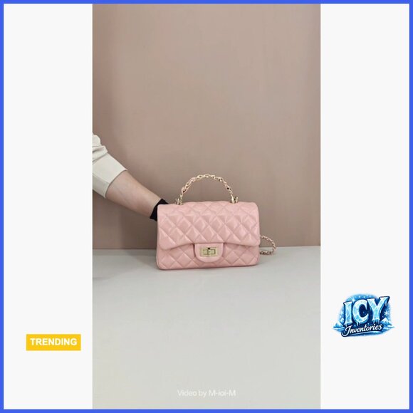 Quilted Leather Crossbody Bag with Gold Chain Strap and Top Handle - Picture 7 of 7